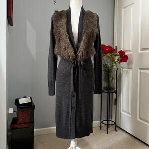 NEW Ann Taylor Wool Faux Fur Longline Belted Button Maxi Cardigan Sz XS NWT